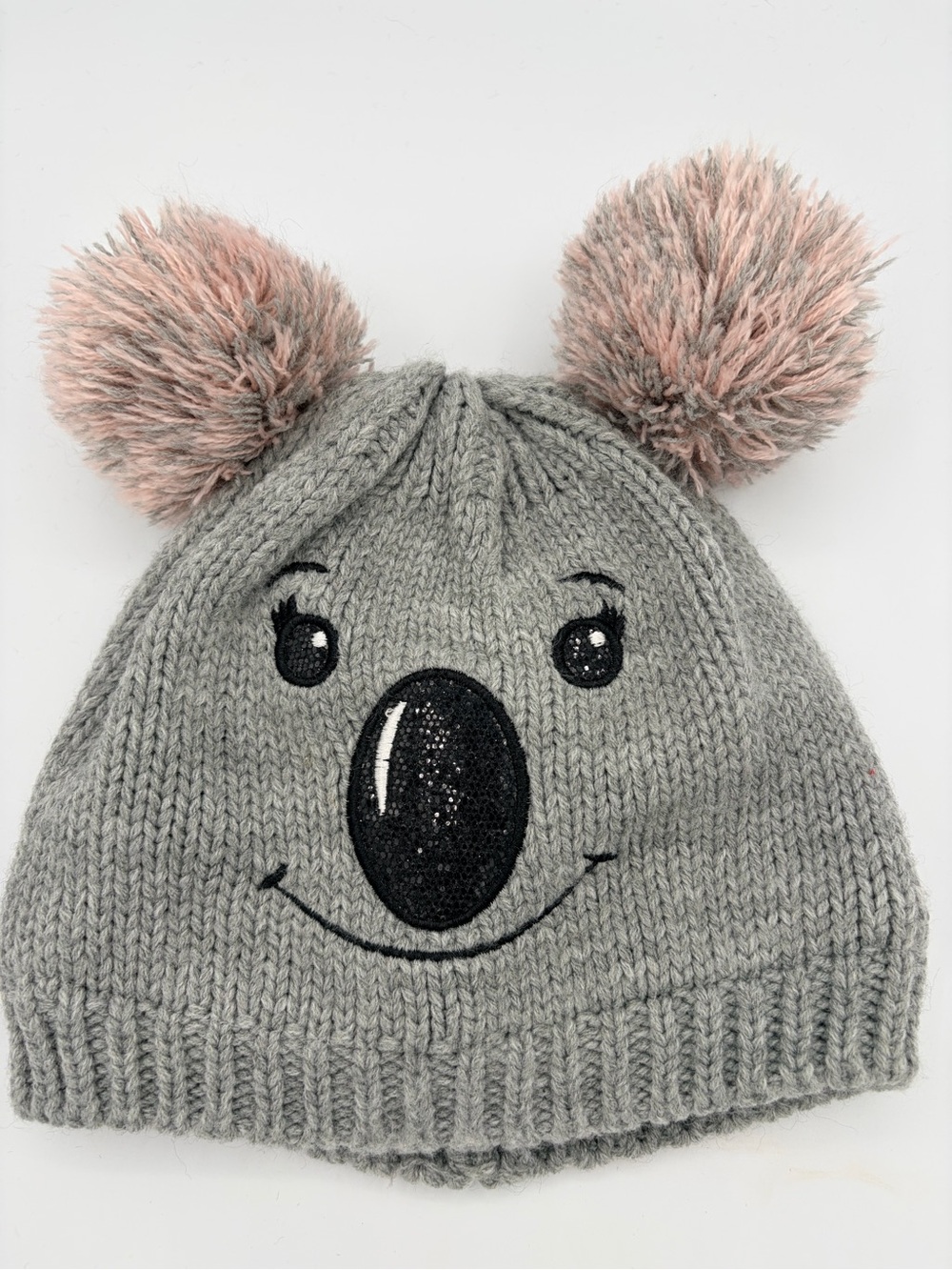 Old Navy grey knit koala beanie hat with a glitter nose to pom-poms for ears